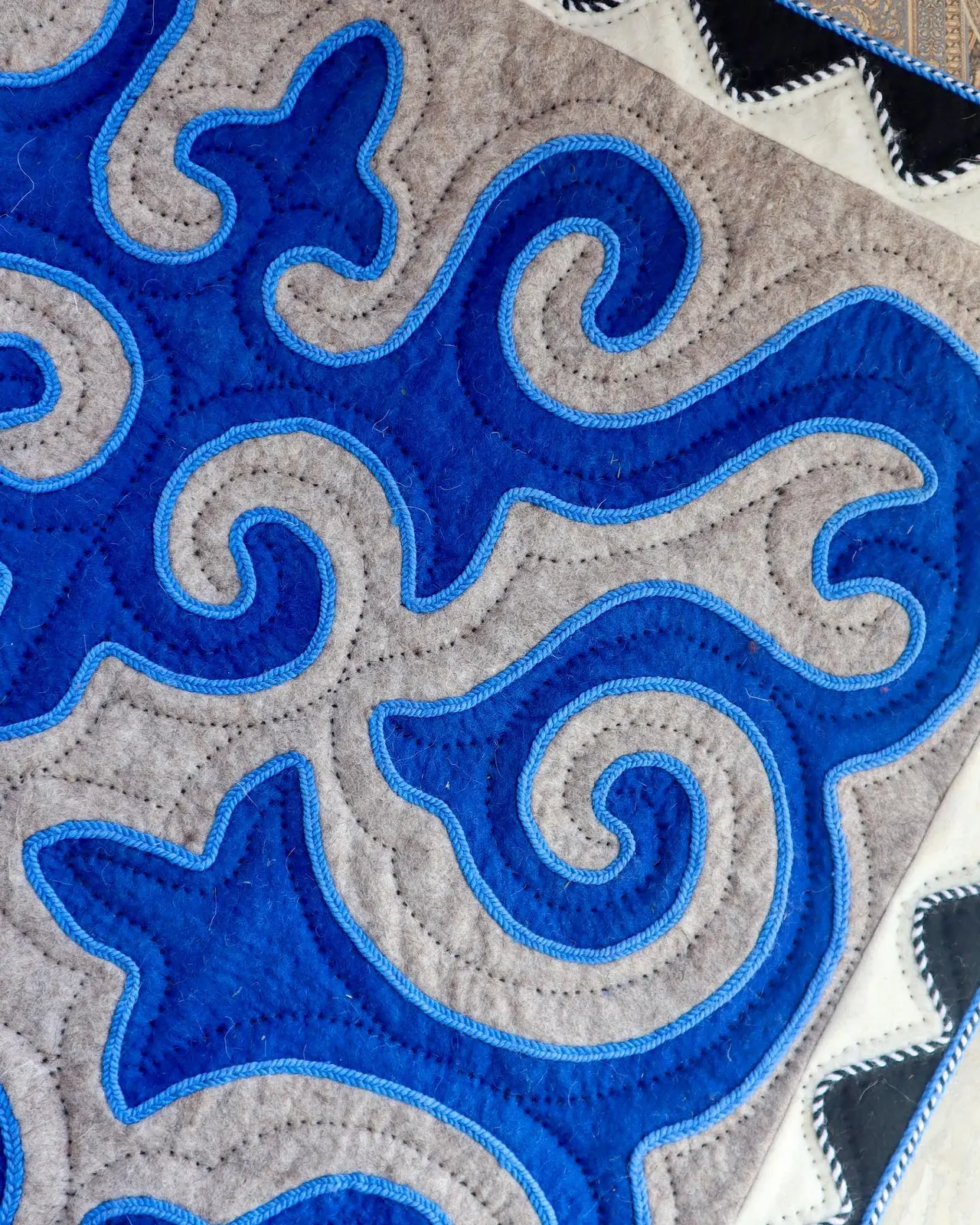Close-up of a blue and grey shyrdak pattern